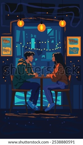 A couple sitting at a table in front of a window. Romantic, Blue background.