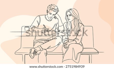Couple Sitting at Table Line Art Illustration