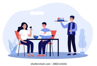 Couple sitting at table in restaurant eating food and drinking wine. Waiter carrying order to clients flat vector illustration. Date, service concept for banner, website design or landing web page