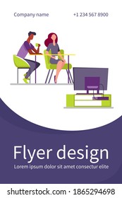 Couple sitting at table and watching TV. Together, coffee, family flat vector illustration. Leisure and entertainment concept for banner, website design or landing web page