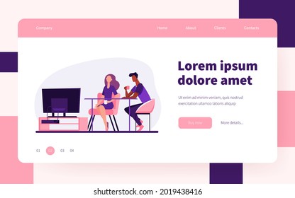 Couple sitting at table and watching TV. Together, coffee, family flat vector illustration. Leisure and entertainment concept for banner, website design or landing web page