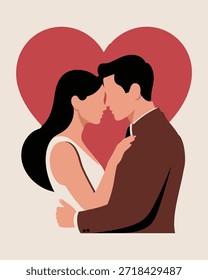 Pareja sentada en una mesa con copas de vino y un corazón, disfrutando de una cena romántica para la celebración del Día de San Valentín.