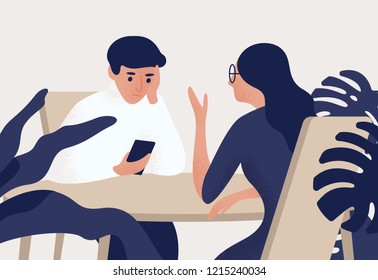 Couple sitting at table, woman talking to her partner, man looking at his smartphone. Estrangement in romantic relationship, emotional distancing. Colored vector illustration in flat cartoon style.