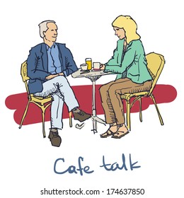 Couple sitting and talking in cafe drawing on white background