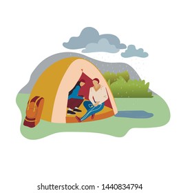 Couple Sitting in Tent Flat Vector Illustration. Male, Female Backpackers Cartoon Characters Hiding from Rain. Camping Trip, Campsite Tourist Shelter. State Park, Wilderness Area, Recreation on Nature