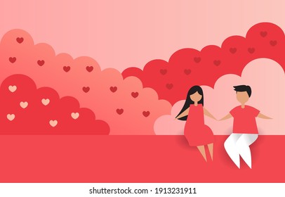 Couple sitting together. illustration vector have copy space. Love or valentine concept. bush decorated with heart shape. pink ano red background. Design for card, banner, web, mobile app, promotion.