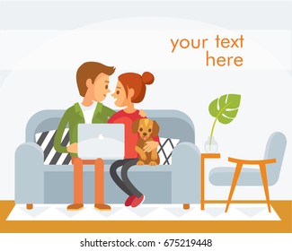 Couple sitting together with laptop and dog.