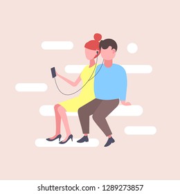 couple sitting together listening to music in headphones man woman lovers using smartphone flat male female cartoon characters full length