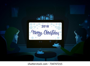 Couple Sitting Together, Merry Christmas And Happy New Year Winter Holiday Concept Banner Flat Vector Illustration
