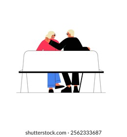 Couple Sitting Together On A Park Bench In Flat Vector Illustration Symbolizing Relaxation, Love, And Togetherness, Isolated On White Background