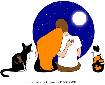 Couple sitting together and two cats watching the moon   the stars 