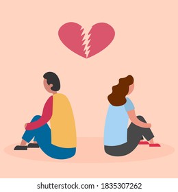 Couple sitting under broken hurt. Toxic relationships. Divorce, flat vector illustration.
