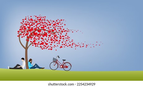 Couple sitting under the tree of love on grass hill background for Valentine's day decorations illustration vector.
