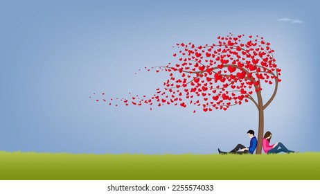 Pareja sentada bajo el árbol del amor en el fondo de la colina de césped para la decoración del día de San Valentín vector de ilustración.