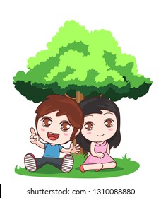 Couple sitting under the tree, lover cartoon vector, cute boy and girl illustration