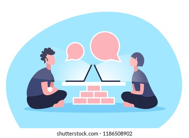 couple sitting using laptop online video call chat bubble communication concept man woman discussing male female cartoon character flat horizontal vector illustration