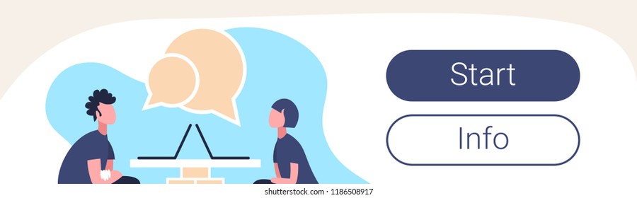 couple sitting using laptop online video call chat bubble communication concept man woman discussing male female cartoon character flat horizontal banner vector illustration