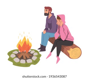 Couple Sitting and Warming Near Campfire, Tourist People Hiking, Camping and Relaxing at Summer Vacation Cartoon Style Vector Illustration