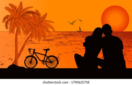 A couple sitting and watching the sunset and light silhouette twilight  on the beach , design vector illustration