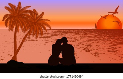 A couple sitting and watching the sunset and light silhouette twilight  on the beach , design vector illustration