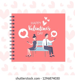 couple sitting wooden bench back to back using smartphone chat bubble communication concept man woman chatting cell phone ignoring each other notepad page greeting card