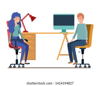 couple sitting in the work office with white background