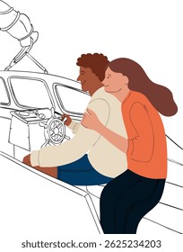 Couple sitting in a yacht. Vector illustration.