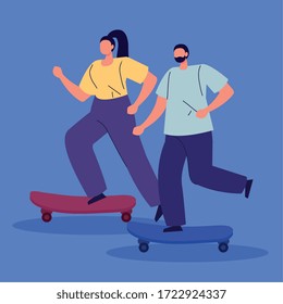 couple in skateboard avatar character vector illustration design