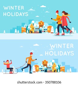 Couple skates, man sledding child. Winter cityscape, fun, vacation, sports, outdoors. New year. Flat design vector illustration.