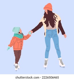 Couple skating. Mother with daughter on ice, winter outdoor activities. Happy sport children woman, active holiday dating illustration.