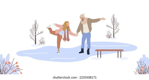 Couple skating on a frozen lake in winter isolated on the white background. Man and woman skaters on wintertime holidays. Winter landscape. Flat vector illustration.  