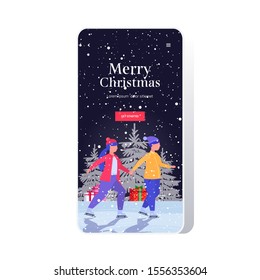 couple skating on ice rink winter sport activity merry christmas new year holidays concept man woman in santa hats spending time together smartphone screen online mobile app full length vector