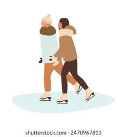 Couple skating on ice rink, winter leisure for man and woman vector illustration