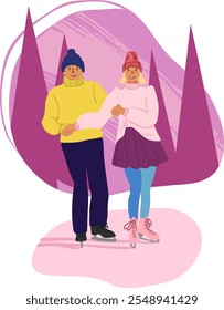 Casais patinando na pista. Ilustração vetorial. Adequado para um cartaz ou um cartão postal.