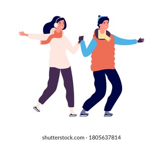 Couple skating. People on ice, winter outdoor activities. Happy sport man woman, active holiday dating vector illustration