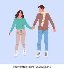 Patinaje en pareja. Gente en hielo, actividades al aire libre en invierno. Feliz hombre deportivo mujer, activo ilustración vectorial de citas de vacaciones. Una mujer activa y feliz monta patinaje sobre hielo