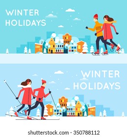 Couple skating and skiing. Winter cityscape, winter fun, winter vacation, winter sports, outdoors. New year. Flat design vector illustration.