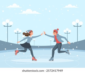 Couple skating together on winter ice rink. Winter sport, outdoor athletic activity. Flat illustration