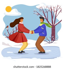 Couple skating together in winter holding hands looking at one another, snow-covered trees and bushes, young people spend time together outdoors, activity or hobby at nature, friends leisure