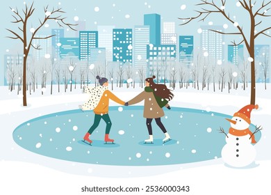 Couple skating in winter city park. Ice skating. Date in winter. Couple in love actively spends Christmas holidays in a beautiful park with the city in the background.