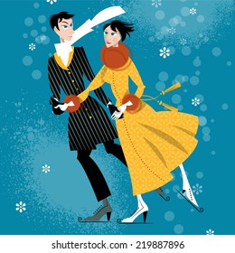 Couple skating. Winter. Vector illustration.