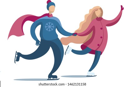 Couple skating. A young man and a girl skating on the ice. Illustration in flat style.