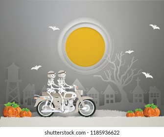 Couple Skeleton riding old motorcycle go to HALLOWEEN party,with full moon night,paper craft and illustration.
