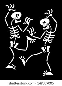 Couple of skeletons having fun, laughing and dancing in a lively and animated way despite their lack of rhythm