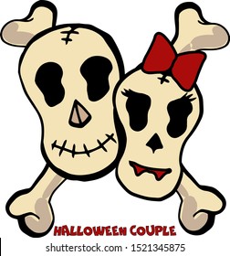 Couple of skeletons having fun. a pair of skeletons bone red bow. Joy fun Halloween. Holiday card. Сute faces, smile, holiday.