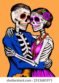 Couple of skeletons hugging. Colorful vector illustration.