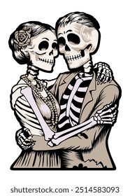 Couple of skeletons hugging. Monochrome vector sticker.