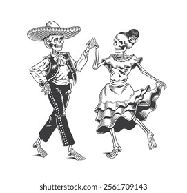 Couple of skeletons in traditional Mexican costumes dancing on Day of Dead isolated on the white background. Cartoon engraving style vector illustration