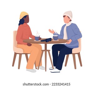 Pareja en la estación de esquí bebiendo bebidas calientes personajes vectores de color semiplano. Cifras editables. Gente de cuerpo entero en blanco. Ilustración simple de estilo de dibujos animados para diseño gráfico web y animación