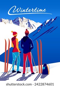 A couple of skiers before the descent at a ski resort. Wintertime Travel Poster. Handmade drawing vector illustration. Art Deco style.